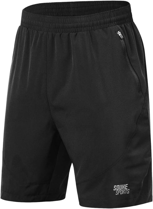 Souke Sports Men's Workout Running Shorts Quick Dry Athletic Performance Shorts Black Liner Zip Pockets