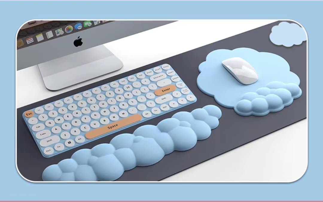 Amszke Cloud Keyboard Wrist Rest, Mouse Pad Wrist Support Keyboard Set with Ergonomic Memory Foam, Cloud Coaster Anti-Slip Base, Computer Palm for Home Office Laptop, Easy Typing Pain Relief(Blue)