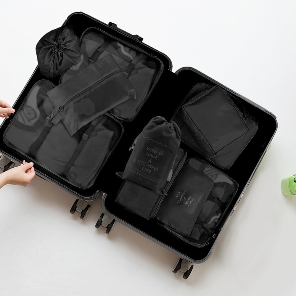 Najdeiuyt Packing Cubes - 10 Set, Black, Nylon or Polyester, Transparent Mesh Panels, Zipper Closure, Ideal for Clothing & Travel