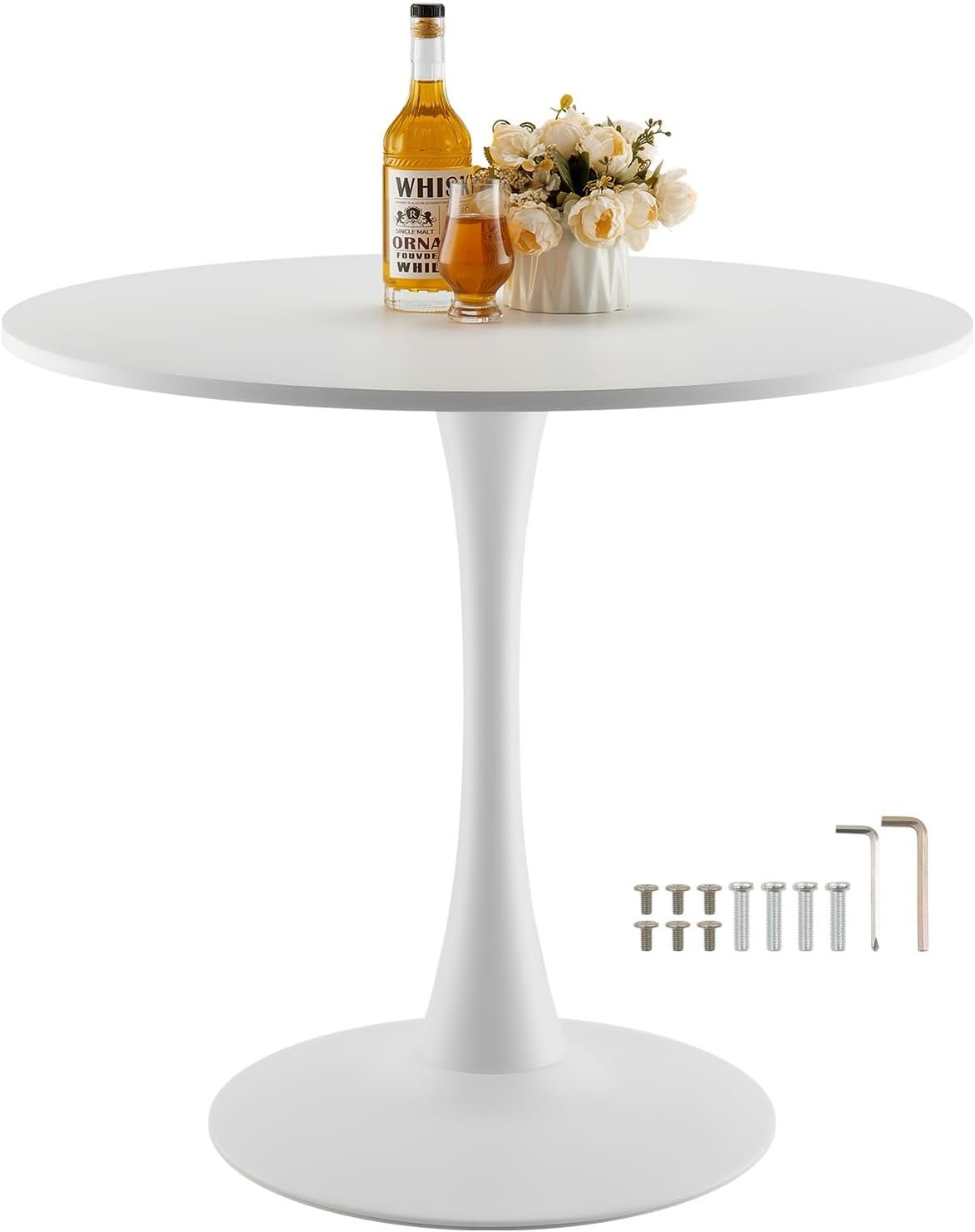 VEVOR Round Dining Table, 31.5 in Wood Table for 2-4 Person, Modern Circle Furniture, Leisure Coffee Office Tables with Pedestal Base in Tulip Design, for Home Kitchen Living Room, White(Only Table)