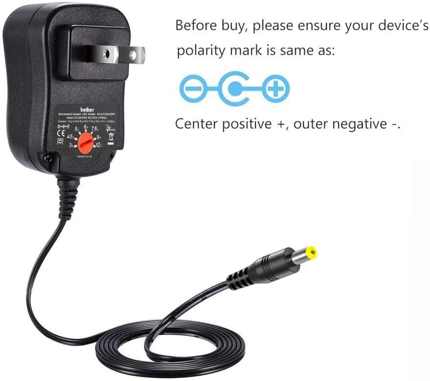 Belker 12W 3V 4.5V 5V 6V 7.5V 9V 12V Adjustable Voltage Universal AC/DC Adapter Power Supply for Household Electronics - 1A 1000mA Max.