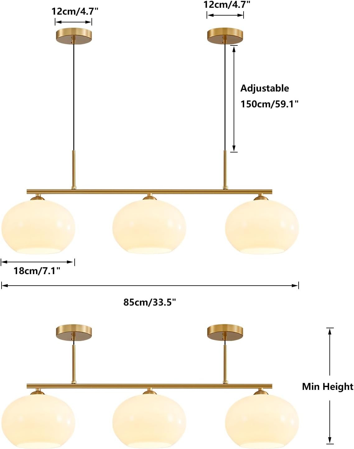 KCO Lighting 3 Light Linear Pendant Lighting Milk Glass Flush Mount Ceiling Light Brass Gold Chandelier Light Fixture Modern Globe Linear Chandelier Dining Room Dining Room Over Table