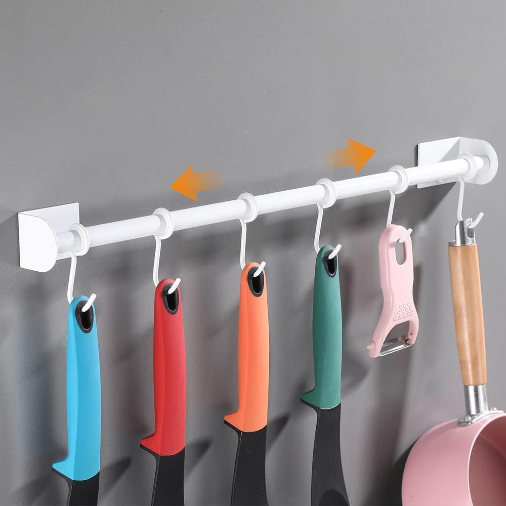 Celbon Kitchen Utensils Hanger Bar 40 cm Self-Adhesive White Aluminium Kitchen Utensils Holder with 5 Hooks Movable Wall Rail Kitchen for Kitchen Bathroom Gadgets Pans Cups Umbrella