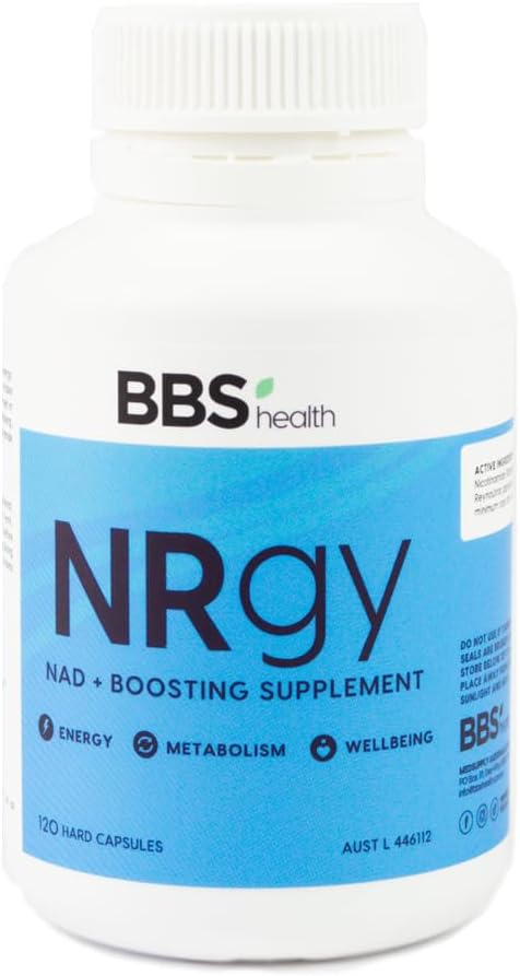 BBS Health NRGy NAD+ & Cellular Energy Booster – TGA Listed Nicotinamide Riboside & Resveratrol Supplement, 300mg, Healthy Aging, Metabolism Support, 120 Vegetarian Capsules