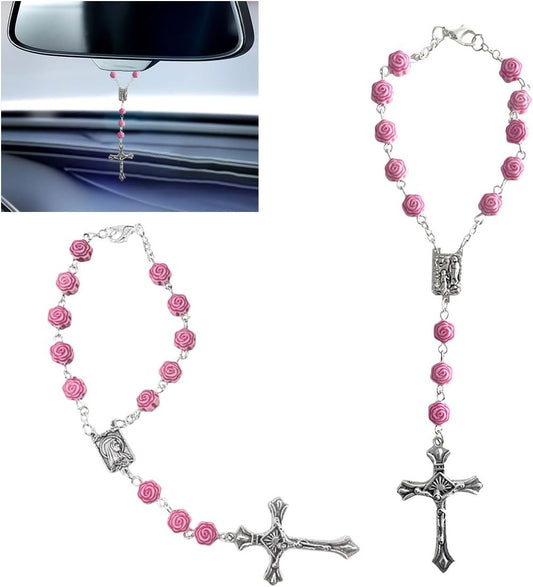 Smilfuy 2PCS Car Rosary, Pink Rosary Pendant, Car Interior Rear View Mirror Charm, Auto Decors, Cross Personalized Hanging Accessories for Women Men (Rose)