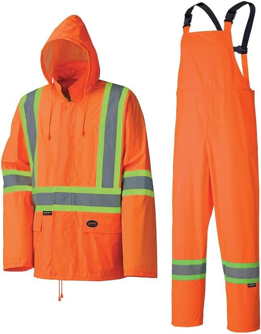 Pioneer Hi Vis Waterproof Lightweight Rainsuit - Work Safety Hooded Jacket and Bib Pants - Adjustable Pant Length - Hi Vis Orange