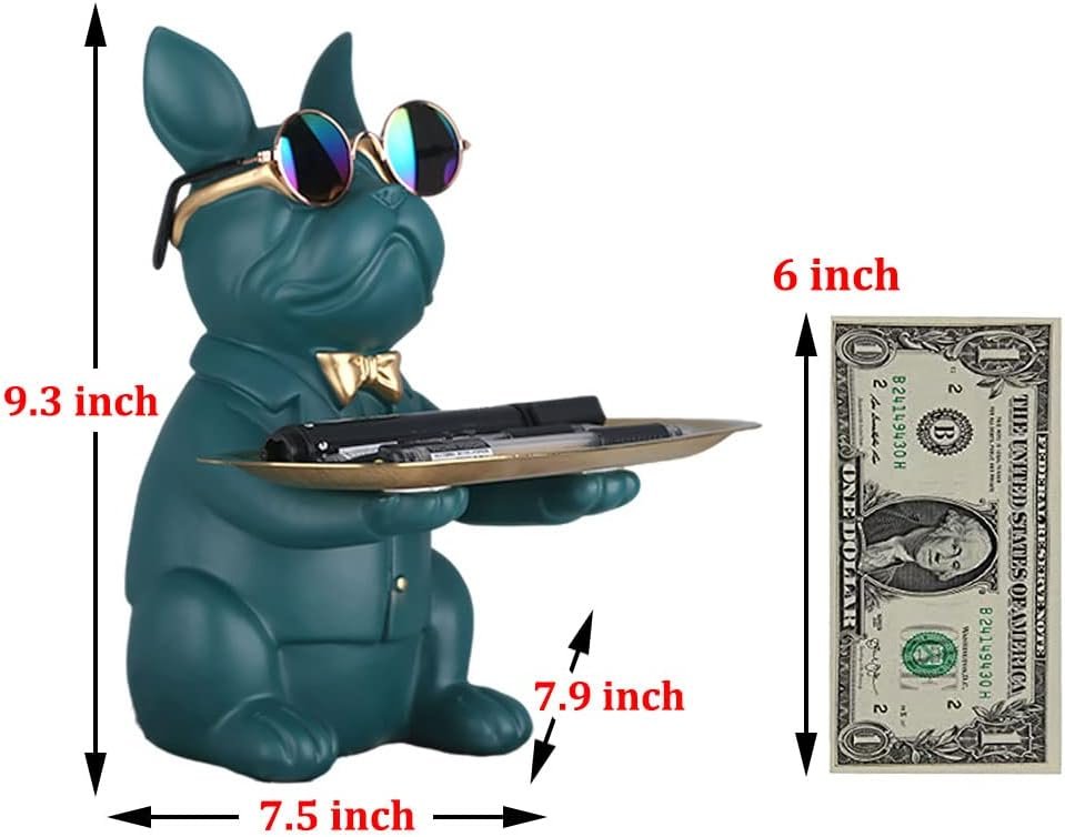 French Bulldog Tray Green Statue - With Stainless Steel Tray, Candy Key Tray Storage Box Bedroom Decoration Entrance Table