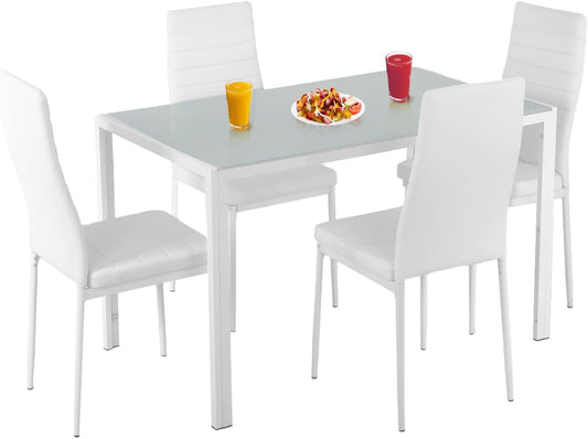 Dining Table Set 5-Piece, Glass Tabletop Kitchen Table & Chair Set,for Dining Room, Ideal for Kitchen, and Breakroom, 4 Faux Leather Metal Frame Chairs Sleek and Stylish Design,White
