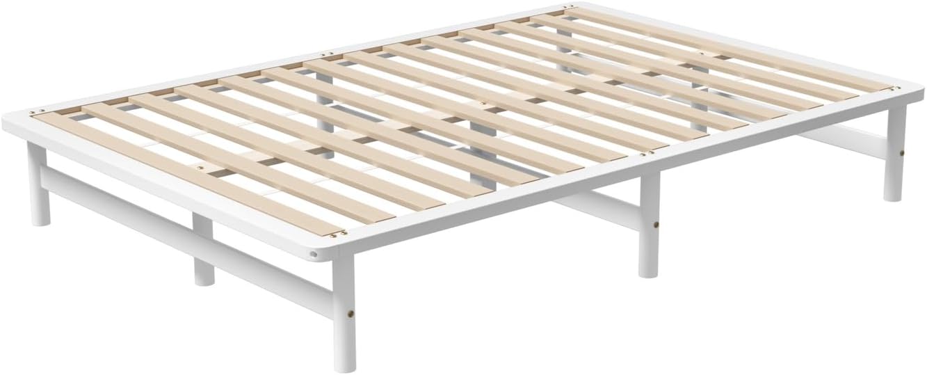 Oikiture Queen Bed Frame, Solid Pine Wood, Queen Size, White