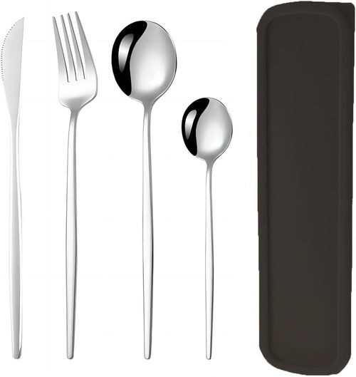 Tongke Portable Cutlery Set with Case 4 pcs Premium Stainless Steel Flatware Set, Include Fork Knife Spoon Silverware Set for Lunch Camping School Picnic Workplace Travel(Silver)