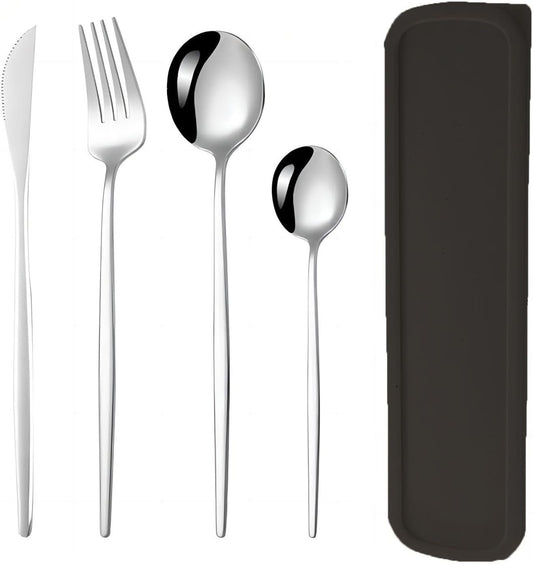 Tongke Portable Cutlery Set with Case 4 pcs Premium Stainless Steel Flatware Set, Include Fork Knife Spoon Silverware Set for Lunch Camping School Picnic Workplace Travel(Silver)