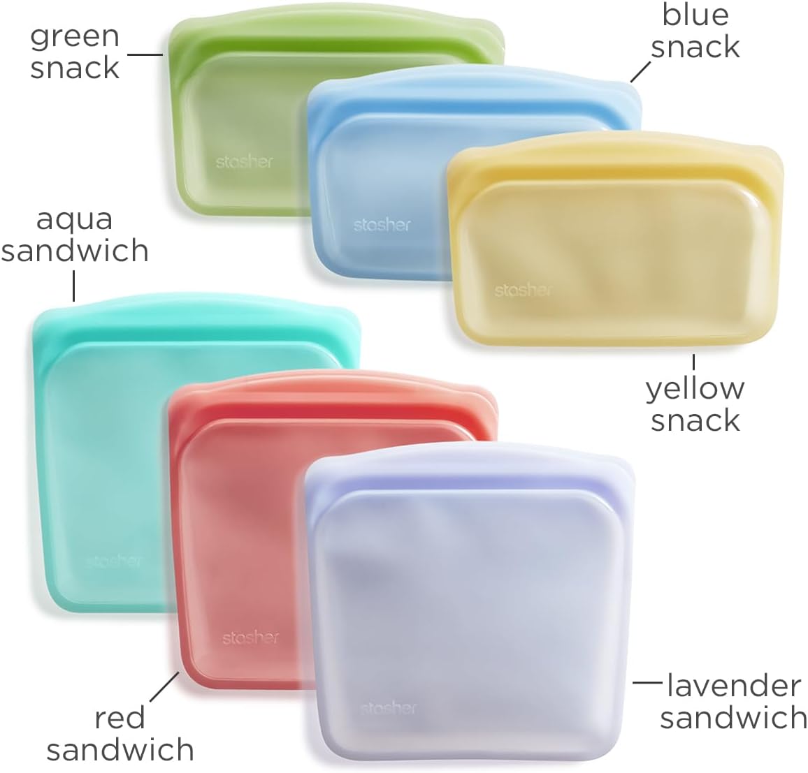 Stasher Premium Silicone Reusable Food Storage Bags, 6-Pack, Multi, Multi-Use Food Storage Bags, Lunch Bag, Travel Containers, BPA Free, Leak-free, Dishwasher-Safe, Eco-friendly
