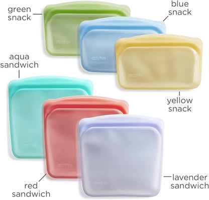 Stasher Premium Silicone Reusable Food Storage Bags, 6-Pack, Multi, Multi-Use Food Storage Bags, Lunch Bag, Travel Containers, BPA Free, Leak-free, Dishwasher-Safe, Eco-friendly