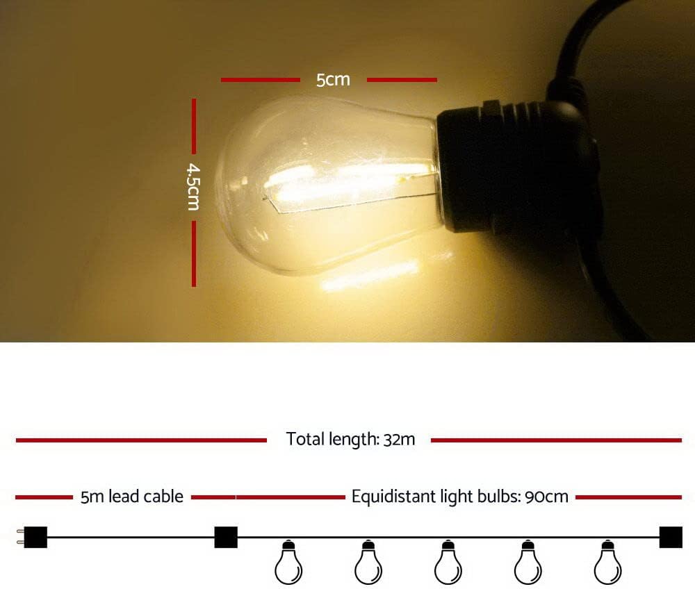 Jingle Jollys Festoon Lights Outdoor 32M Warm White Fairy String Light with 30 LED Bulbs, Christmas Decoration Garden Party Wedding Yard Decorations Lighting Strip Bulb, IP44 Waterproof and Corded