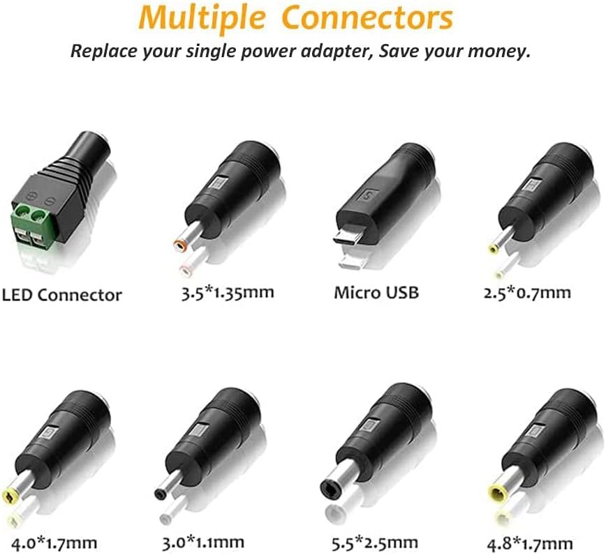 12W Universal Power Adapter, 3V 4.5V 5V 6V 7.5V 9V 12V Adjustable Voltage Universal AC/DC Adapter Power Supply, Multifunctional AC to DC Adapter for Household Electronics
