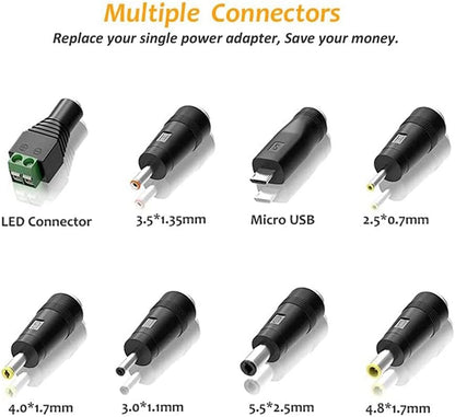 12W Universal Power Adapter, 3V 4.5V 5V 6V 7.5V 9V 12V Adjustable Voltage Universal AC/DC Adapter Power Supply, Multifunctional AC to DC Adapter for Household Electronics