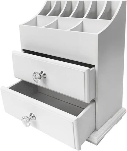 White Wood Cosmetics Organizer Makeup & Beauty Accessories Storage Rack with Drawers for Neat & Organize Storing of Makeup Tools Small Accessories at Home & Office Vanities & Bathroom Counter-top