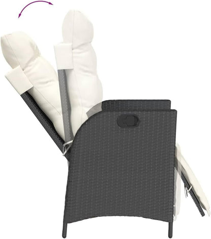 vidaxl 7 pc Garden Dining Set - Black Poly Rattan - Adjustable recliners & Cushions - Tempered Glass Table for Patio/Deck