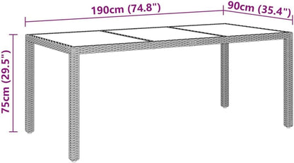 vidaXL Rectangular Brown Garden Table - 190x90x75 cm Outdoor Furniture with Poly Rattan and Tempered Glass Tabletop - Lightweight and Sturdy with Assembly Required