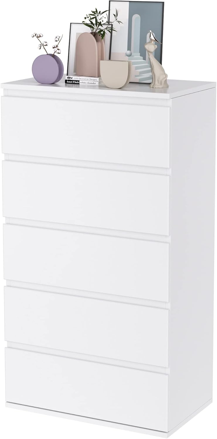 FOREHILL Bedroom Chest of Drawers, 5 Drawer Bedside Cabinet with Drawers Modern Design in Wood, for Living Room, Bedroom, Hallway, Kitchen (White)