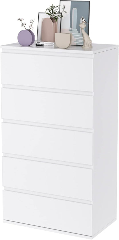 FOREHILL Bedroom Chest of Drawers, 5 Drawer Bedside Cabinet with Drawers Modern Design in Wood, for Living Room, Bedroom, Hallway, Kitchen (White)