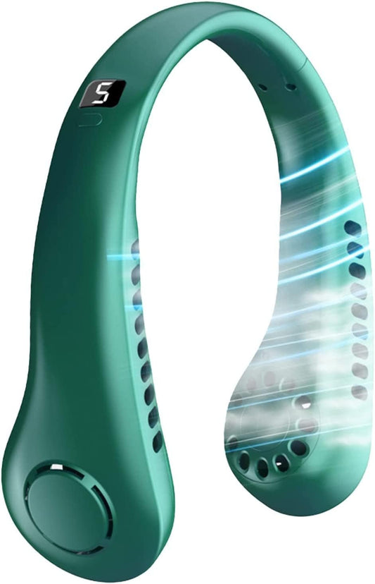 Personal Neck Fan, 5 Speeds Bladeless Hands Free Cooling Fan Leafless with LED Display, 3000mAh USB Rechargeable Wearable Neckband Fan Headphone Design for Sports Travel Indoor Outdoor Use (Green)