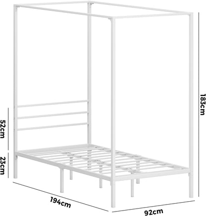 Oikiture Bed Frame Single Size Canopy Metal Bed Base White