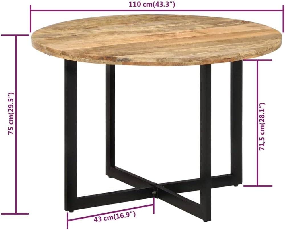 vidaXL Round Dining Table-Stylish Industrial Design with Solid Mango Wood and Powder-Coated Iron Frame for Kitchen, Dining Room-Brown, Black