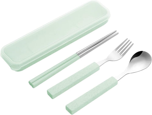 VANRA 3-Piece Children Utensils Set 18/8 Stainless Steel Child Flatware Set Silverware Spoon Fork Chopstick Set with Travel Case for Kids Lunch Box (Green)