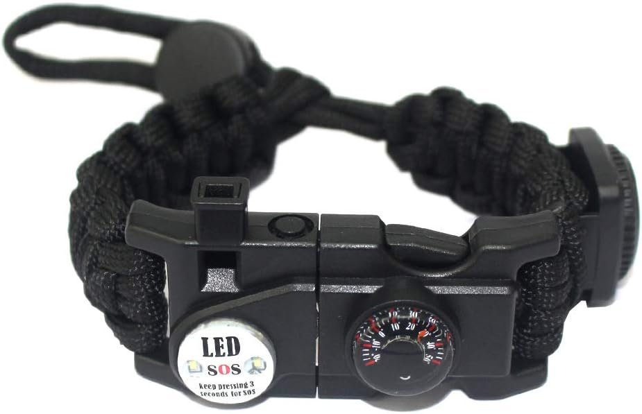 TECHONG Sports Paracord Bracelet - 7 String Woven Adjustable Survival Black Casual Wristband with 20 Emergency Tools for Wilderness Hunting & Fishing