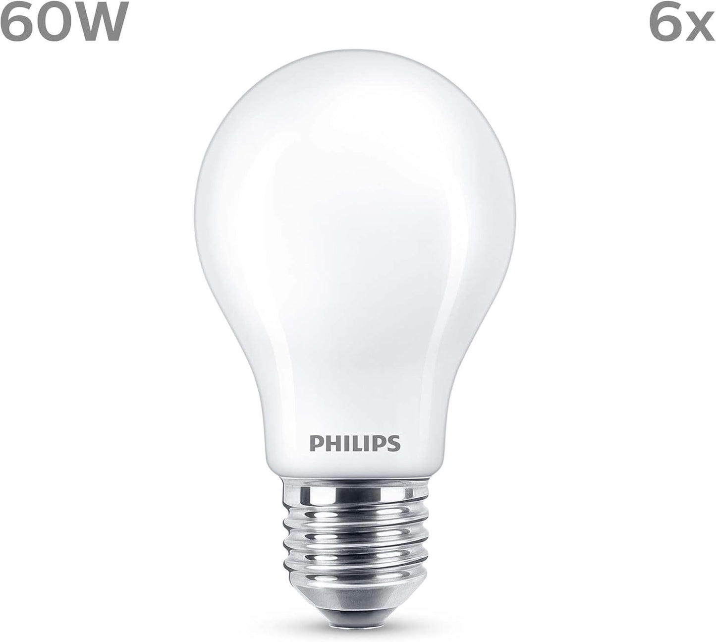 Philips LED Frosted A60 Light Bulb 6 Pack [Warm White 2700K - E27 Edison Screw] 60W, Non Dimmable. for Home Indoor Lighting