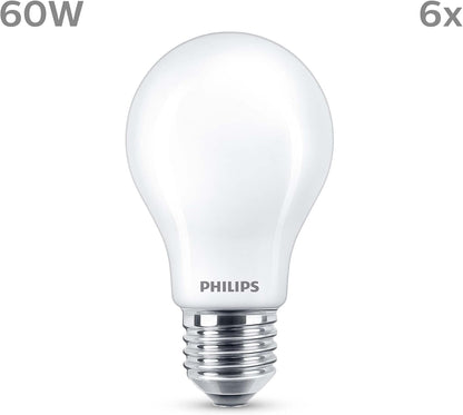 Philips LED Frosted A60 Light Bulb 6 Pack [Warm White 2700K - E27 Edison Screw] 60W, Non Dimmable. for Home Indoor Lighting
