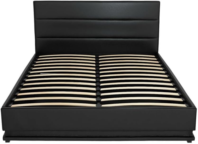 Artiss Queen Bed Frame Platform Headboard RGB LED Gas Lift Beds Base with Storage Space Frames Bedroom Room Decor Home Furniture, Upholstered with Black PVC Leather + Foam + Wood