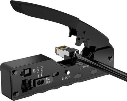 RJ45 Crimp Tool, Adjustable Crimping Mode Safety Lock Pass Through Crimping Tool Crimper Cutter for RJ45 8P/RJ11 6P for Cat5e/Cat6a/Cat7a