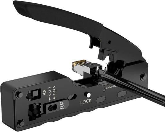 RJ45 Crimp Tool, Adjustable Crimping Mode Safety Lock Pass Through Crimping Tool Crimper Cutter for RJ45 8P/RJ11 6P for Cat5e/Cat6a/Cat7a