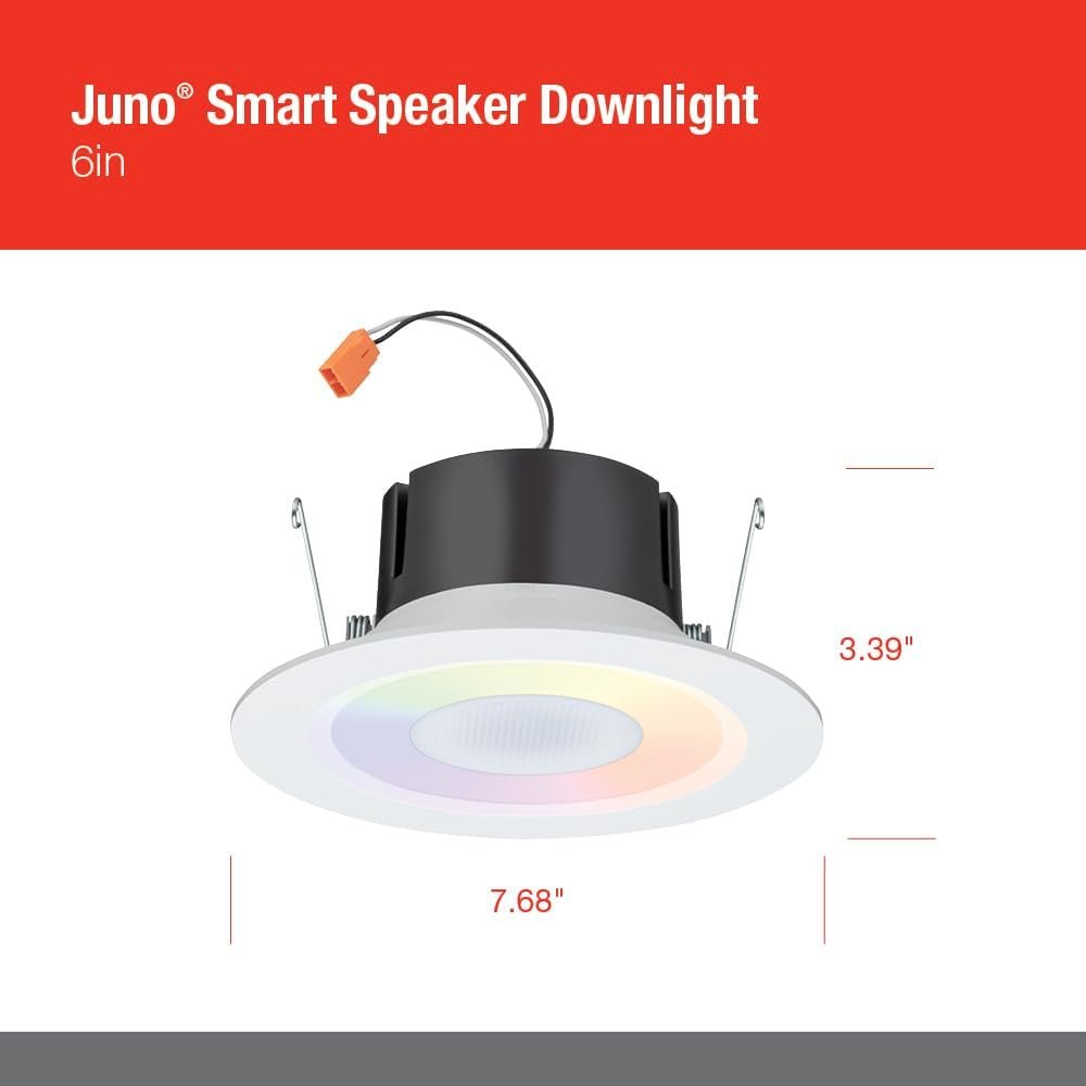 Juno 6 Inch Smart Recessed Light Speaker, Bluetooth, Alexa, Google Home Compatible, RGBW Speaker Downlight, Dynamic Color Red Green Blue White, Matte White (J6SLC RGBW MW M6)
