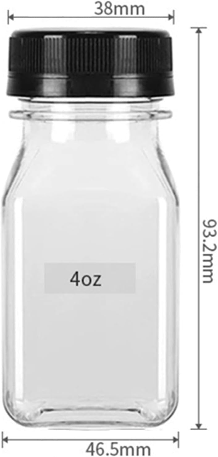 10pcs 4oz Plastic Juice Bottles with Caps Clear Bottles with Label, Funnel and Brush, Bulk Beverage Drink Containers for Mini Fridge, Juicer Shots, Small Water, Milk