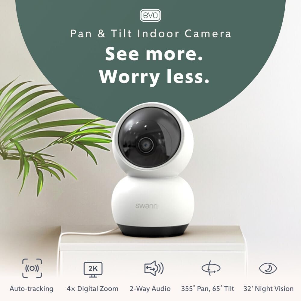 Swann EVO Pan-Tilt Wi-Fi Security Camera -2K HD Night Vision, Motion Detection,Siren,Two-Way Talk, Weatherproof,Free Recordingâ€‹- Keep an Eye on Your Home or Business from Anywhere