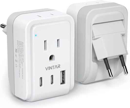 1 Pack European Travel Plug Adapter, VINTAR Foldable International Power Plug with 2 AC Outlets 3 USB Ports(2 USB C), Type C Travel Essentials Charger for Canada to Most of Europe Italy Spain France