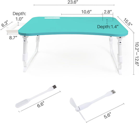 Laptop Desk for Bed, Height Adjustable Laptop Bed Table, Foldable Portable Lap Desk Stand with USB/Storage Drawer/Cup Holder/Slot, Breakfast Tray for Working Reading Writing Eating