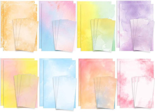 Stationary Paper and Envelopes Set 48 Pack of Watercolor Letter Writing Paper, Decorative Printer Stationery Sheets Set with Assorted Designs - Double-Sided Printing - 8.5 x 11 Inch