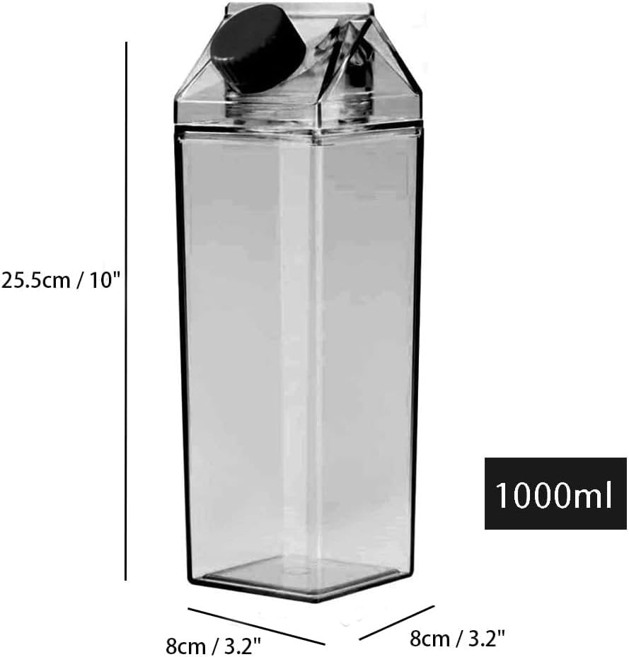 1000ml/34oz Cute Leakproof Clear Milk Carton Water Bottle Portable Drinkware for Outdoor Climbing Tour or Camping