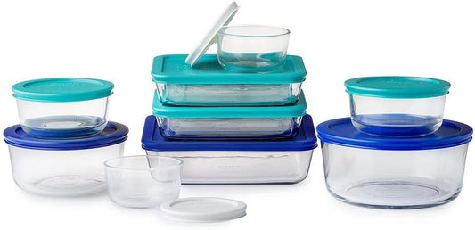 Pyrex 1128223 Simply Store Glass Food Containers with BPA Free Plastic Multi-Coloured Lids, (18-Piece set)