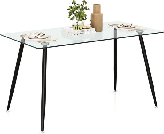 Tangkula Glass Dining Table for 4, 51" Modern Rectangular Table with Spacious Tempered Glass Tabletop & Wood Grain Steel Legs, Simplistic Kitchen Table, Versatile Table for Home Office
