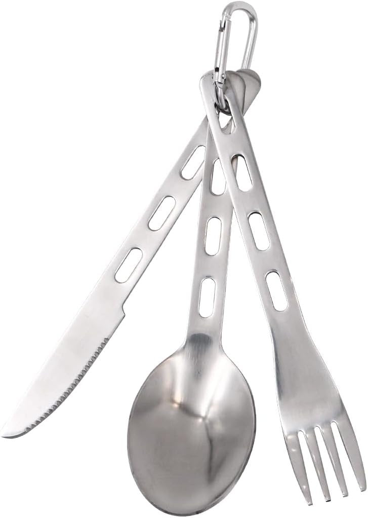 Set of 3 NUZAMAS Camping Cutlery Set 304 Stainless Steel Spoon Fork Knife Utensils Travel Flatware Set with Carabiner for Outdoor Backpacking Hiking Camping