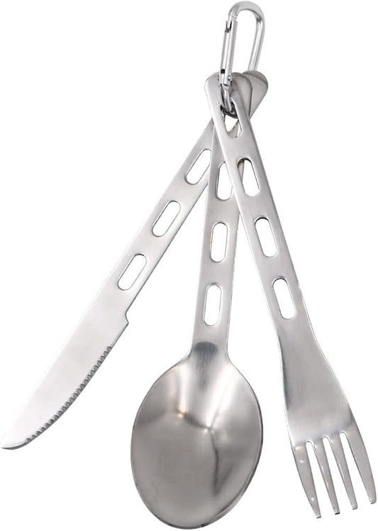 Set of 3 NUZAMAS Camping Cutlery Set 304 Stainless Steel Spoon Fork Knife Utensils Travel Flatware Set with Carabiner for Outdoor Backpacking Hiking Camping