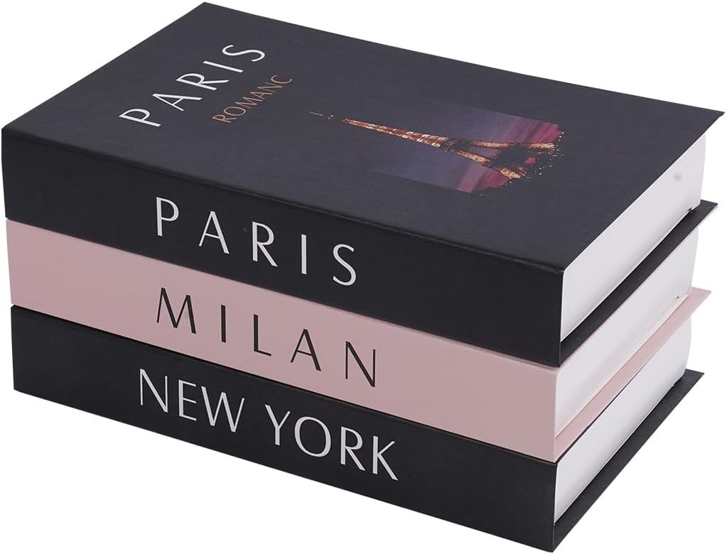 3 pcs City Decorative Books Set for Home Decor,Modern Black and Pink Faux Books,Hardcover Book,Stackfor Coffee Table and Shelf Accessories (Paris/Milan/Newyork)