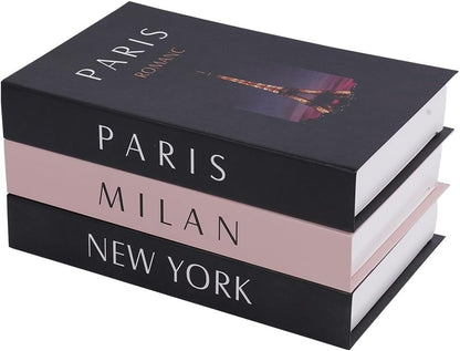 3 pcs City Decorative Books Set for Home Decor,Modern Black and Pink Faux Books,Hardcover Book,Stackfor Coffee Table and Shelf Accessories (Paris/Milan/Newyork)