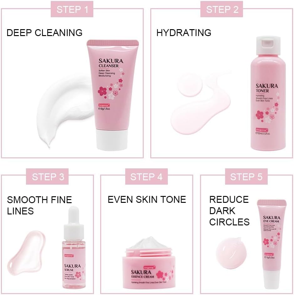 Fengyang® Sakura Skin Care Kit 5 Piece Skin Care Set Sakura Skin Care Kit Moisturizing Gift Women Facial Tool With Cherry Blossom Extract (5set)