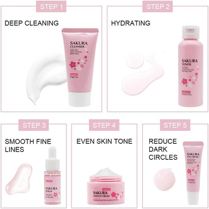 Fengyang® Sakura Skin Care Kit 5 Piece Skin Care Set Sakura Skin Care Kit Moisturizing Gift Women Facial Tool With Cherry Blossom Extract (5set)